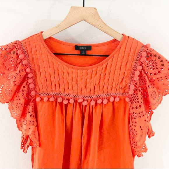 J. Crew Flutter Sleeve Eyelet Pom Pom Blouse Orange Size Small - Picture 3 of 6